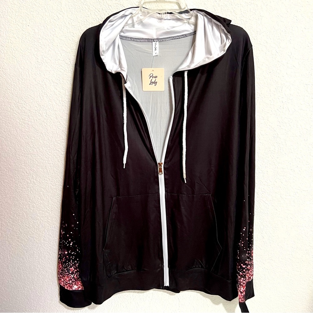 Pixie Lady Black & Pink Confetti Gradient Athleisure Front Zip Hoodie Ja…